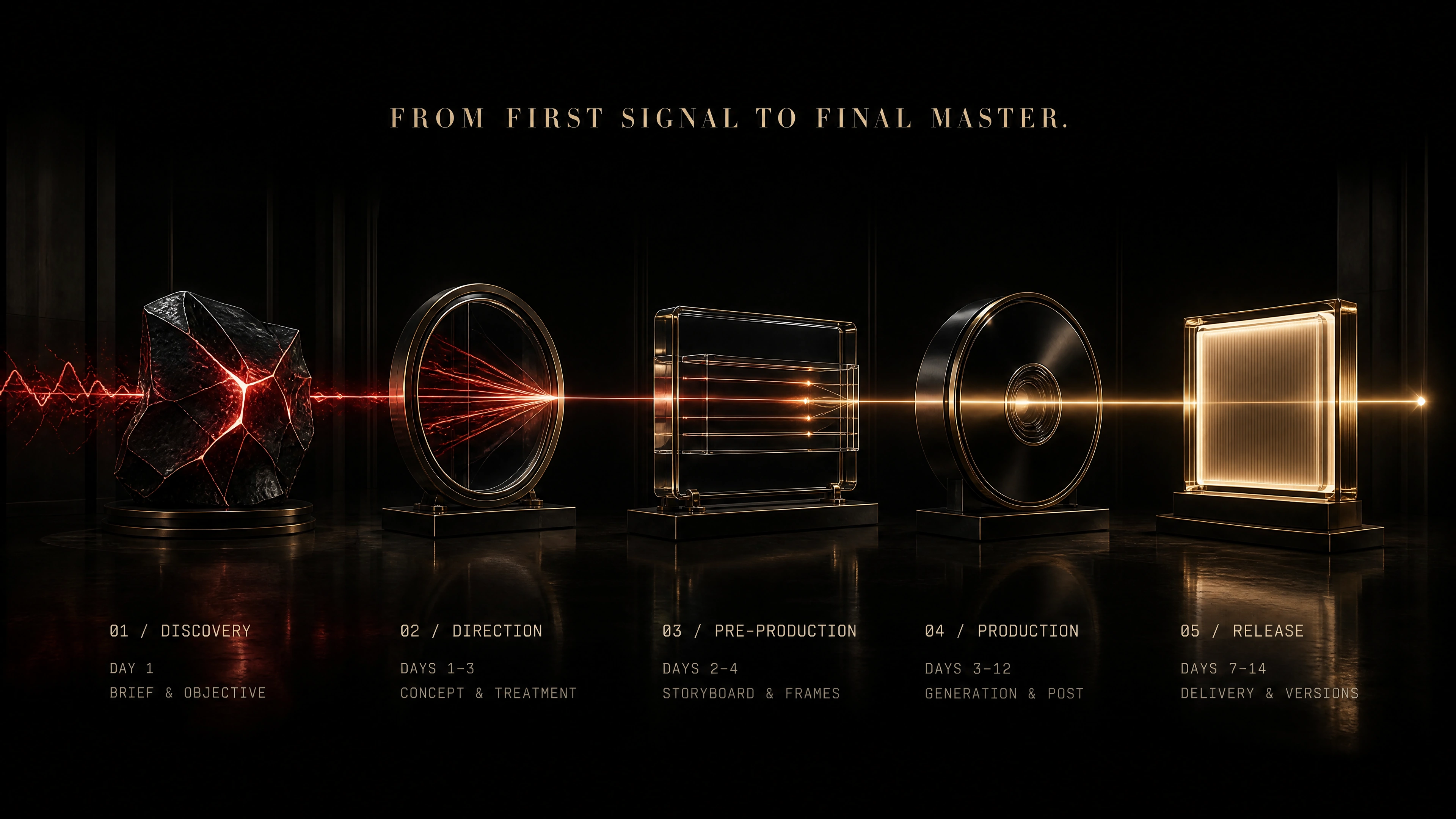 Orbix Visuals production path from discovery and direction through pre-production, production and release, with typical delivery from day seven to fourteen.